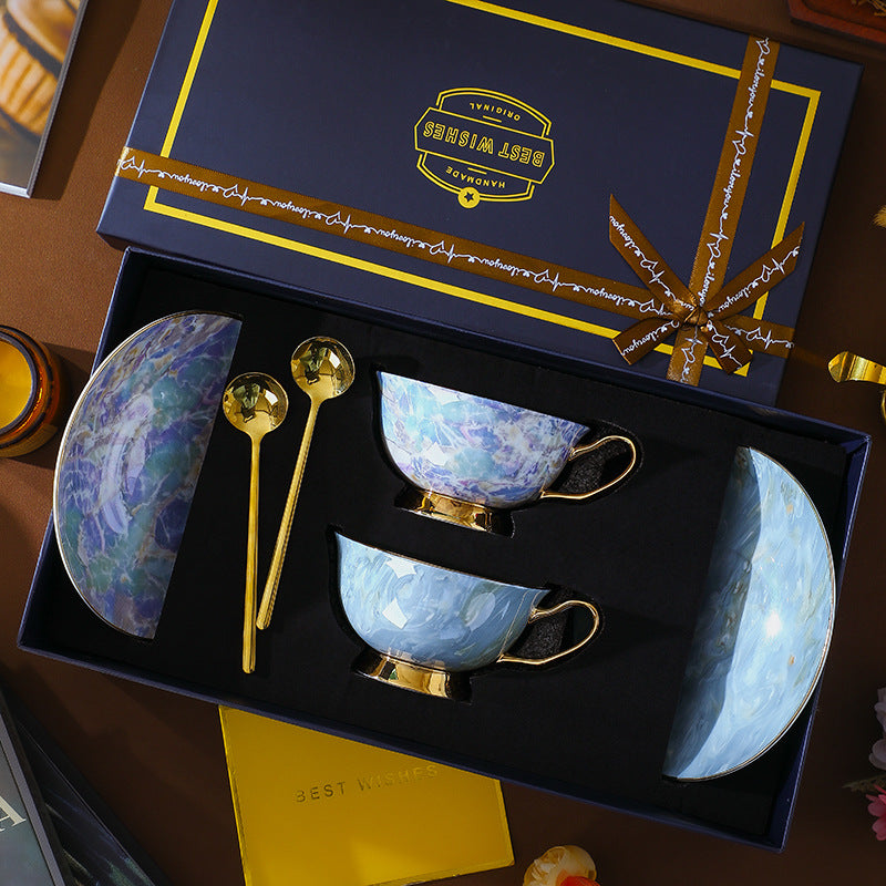 CUPURA Vero - CCS03 Luxury Bone China Tea Cup Set with Saucer Spoon and Strainer Floral Design Light Luxury European Style Gift Box Set Bohemian Powder Blue Classical Blue Rose Angel CUPURA