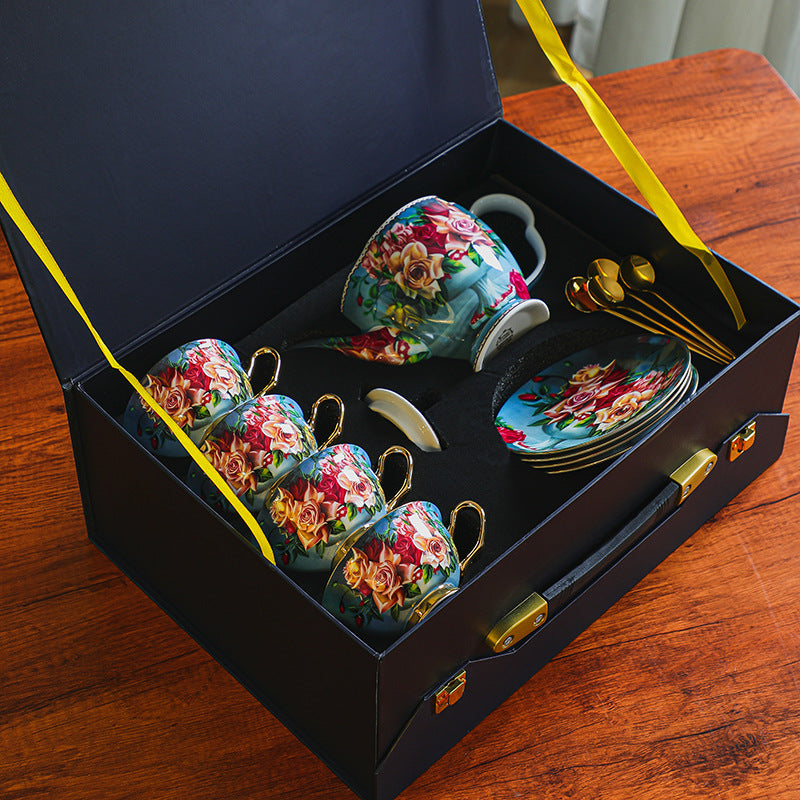 CUPURA Buno - CCS26 Luxury Bone China Tea Cup Set with Saucer Spoon and Strainer Floral Design Light Luxury European Style Gift Box Set Bohemian Powder Blue Classical Blue Rose Angel