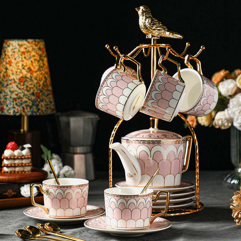 CUPURA Garo - CCS37 Luxury Bone China Tea Cup Set with Saucer Spoon and Strainer Floral Design Light Luxury European Style Gift Box Set Bohemian Powder Blue Classical Blue Rose Angel