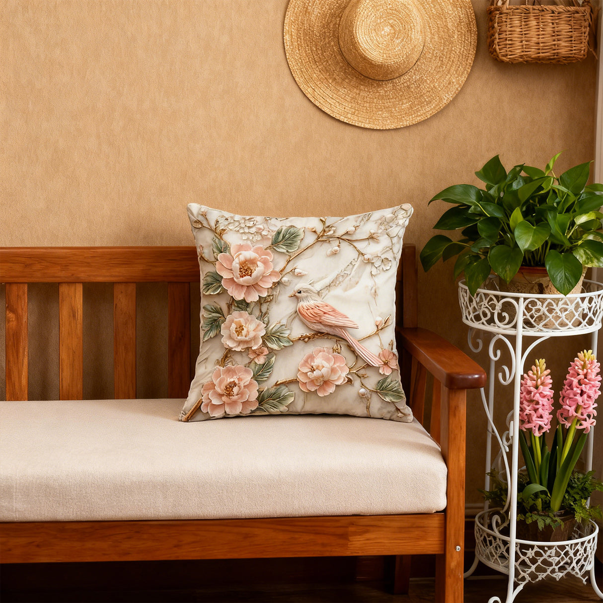 Looma Floral - Bird Linen Pillow Cover | Spring Farmhouse Decorative Cushion - Sofa, Bed & Living Room Looma
