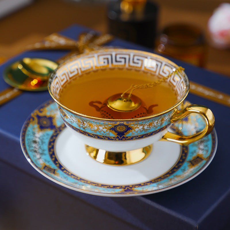 CUPURA Hano - CCS38 Luxury Bone China Tea Cup Set with Saucer Spoon and Strainer Floral Design Light Luxury European Style Gift Box Set Bohemian Powder Blue Classical Blue Rose Angel