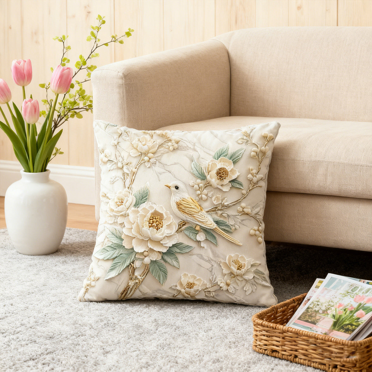 Looma Floral - Bird Linen Pillow Cover | Spring Farmhouse Decorative Cushion - Sofa, Bed & Living Room Looma