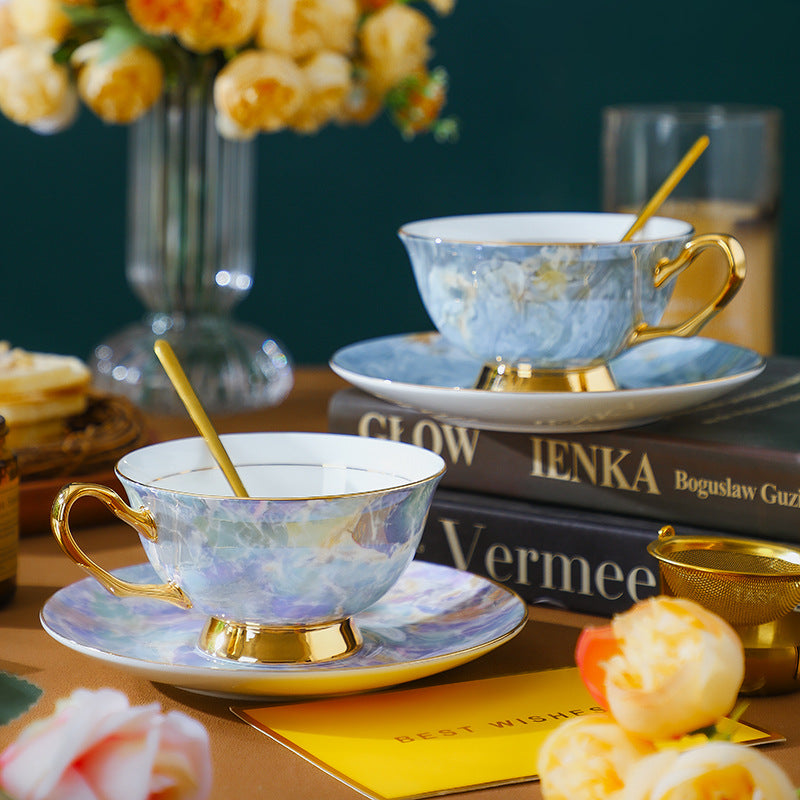 CUPURA Vero - CCS03 Luxury Bone China Tea Cup Set with Saucer Spoon and Strainer Floral Design Light Luxury European Style Gift Box Set Bohemian Powder Blue Classical Blue Rose Angel CUPURA