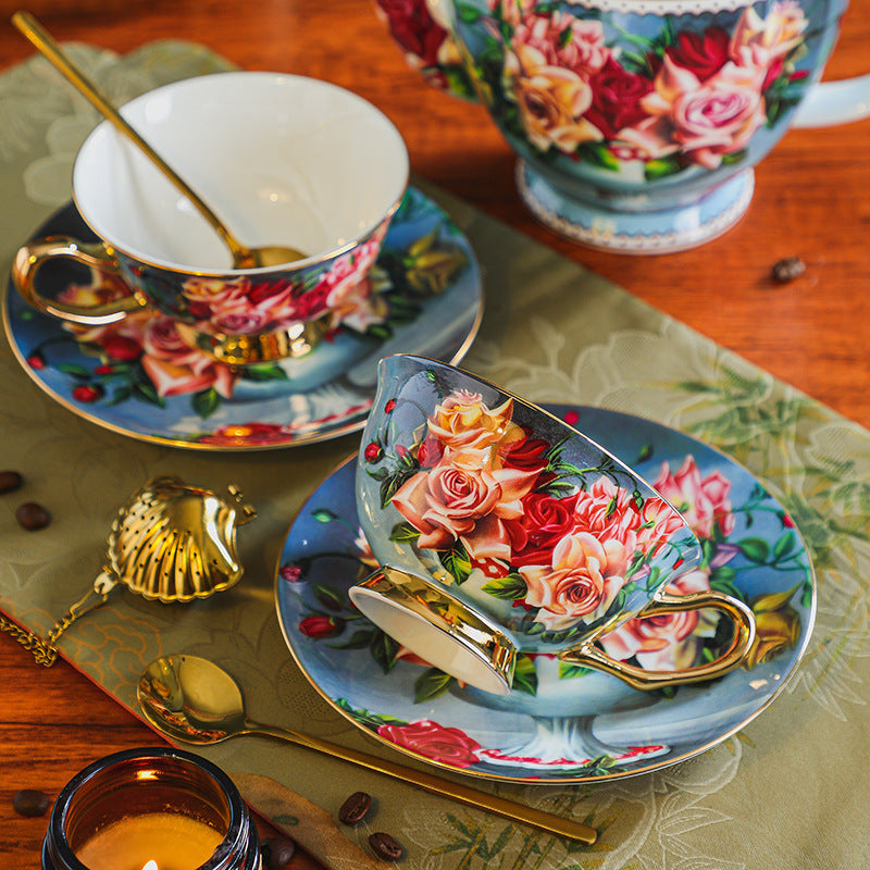 CUPURA Buno - CCS26 Luxury Bone China Tea Cup Set with Saucer Spoon and Strainer Floral Design Light Luxury European Style Gift Box Set Bohemian Powder Blue Classical Blue Rose Angel