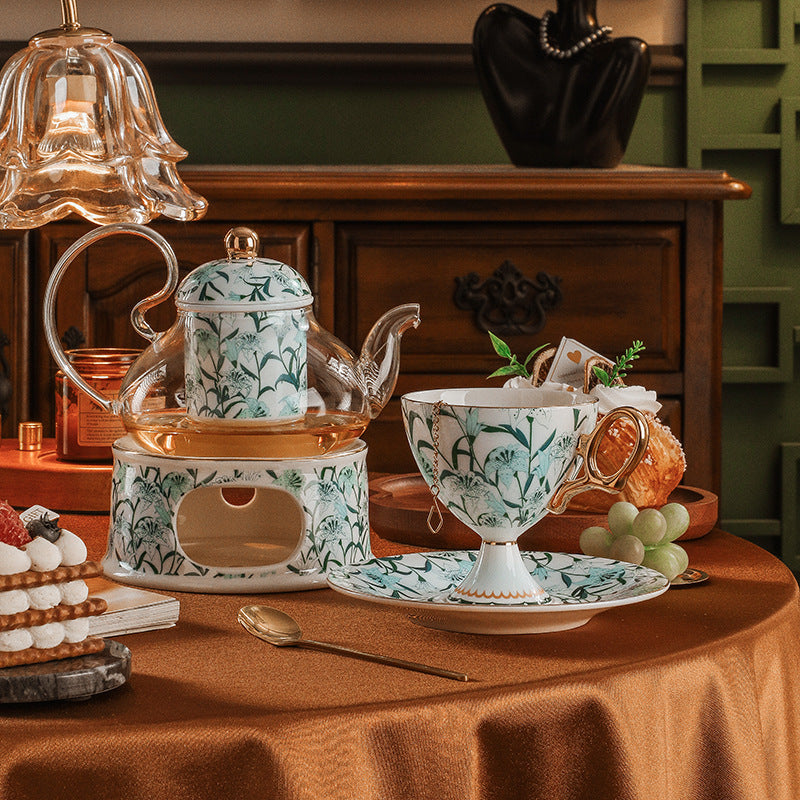 CUPURA Dune - CCS34 Luxury Bone China Tea Cup Set with Saucer Spoon and Strainer Floral Design Light Luxury European Style Gift Box Set Bohemian Powder Blue Classical Blue Rose Angel