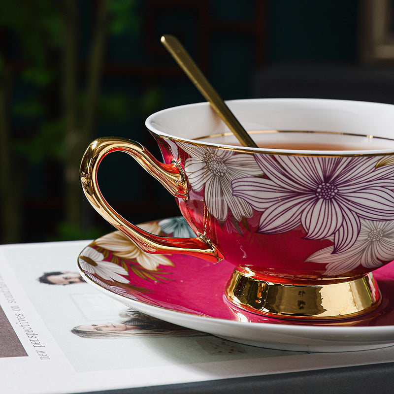 CUPURA Kova - CCS23 Luxury Bone China Tea Cup Set with Saucer Spoon and Strainer Floral Design Light Luxury European Style Gift Box Set Bohemian Powder Blue Classical Blue Rose Angel