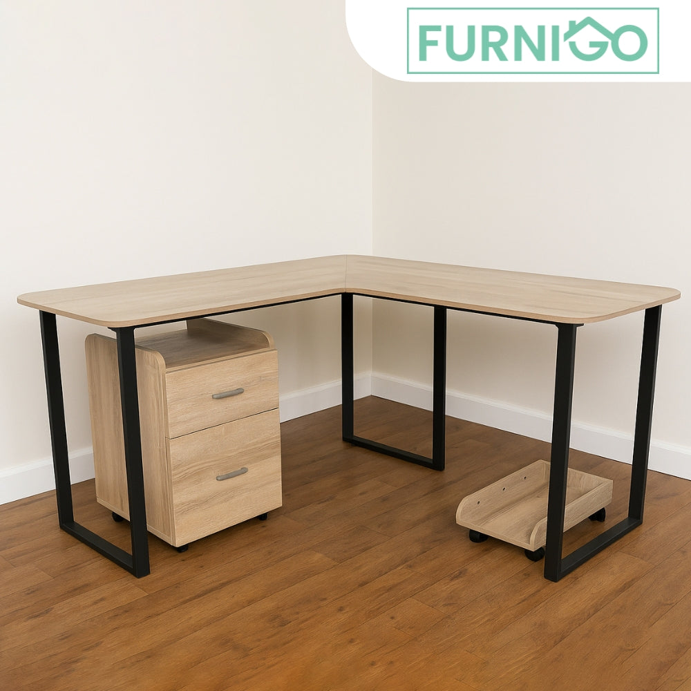 OXFORD L-Shape Office Table with CPU Tray and Mobile Cabinet Furnigo