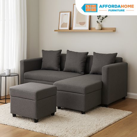 MELO Mini L-Shape Fabric Sofa with Ottoman Affordahome