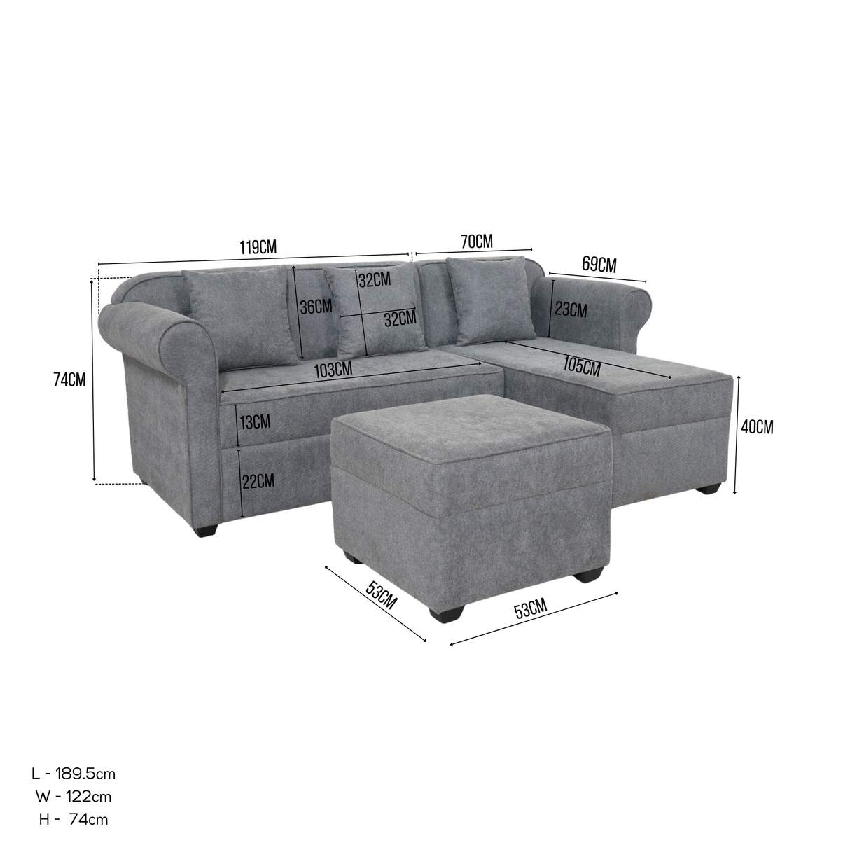 Rome L-shape Fabric Sofa with Ottoman Furnigo