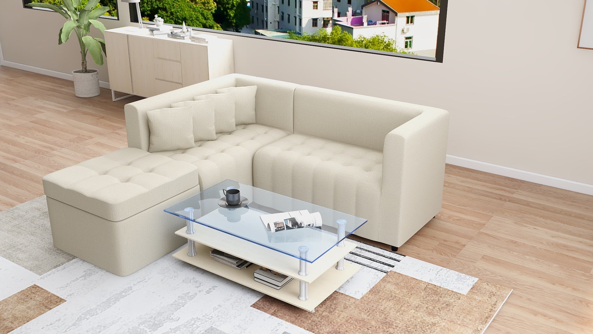 RONNA L-Shape Fabric Sofa w/ Storage Ottoman AF Home