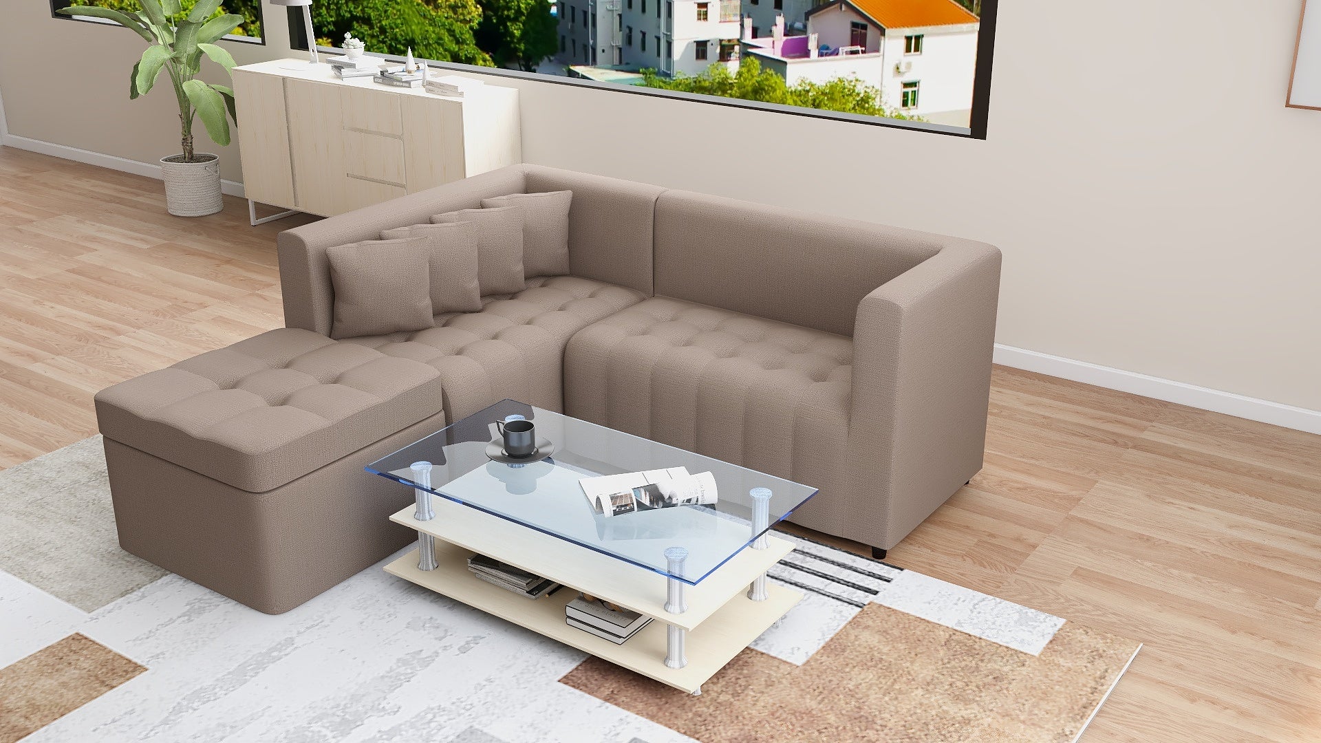 RONNA L-Shape Fabric Sofa w/ Storage Ottoman AF Home