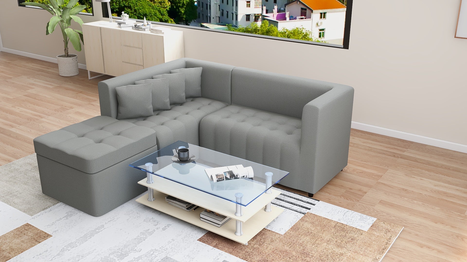 RONNA L-Shape Fabric Sofa w/ Storage Ottoman AF Home