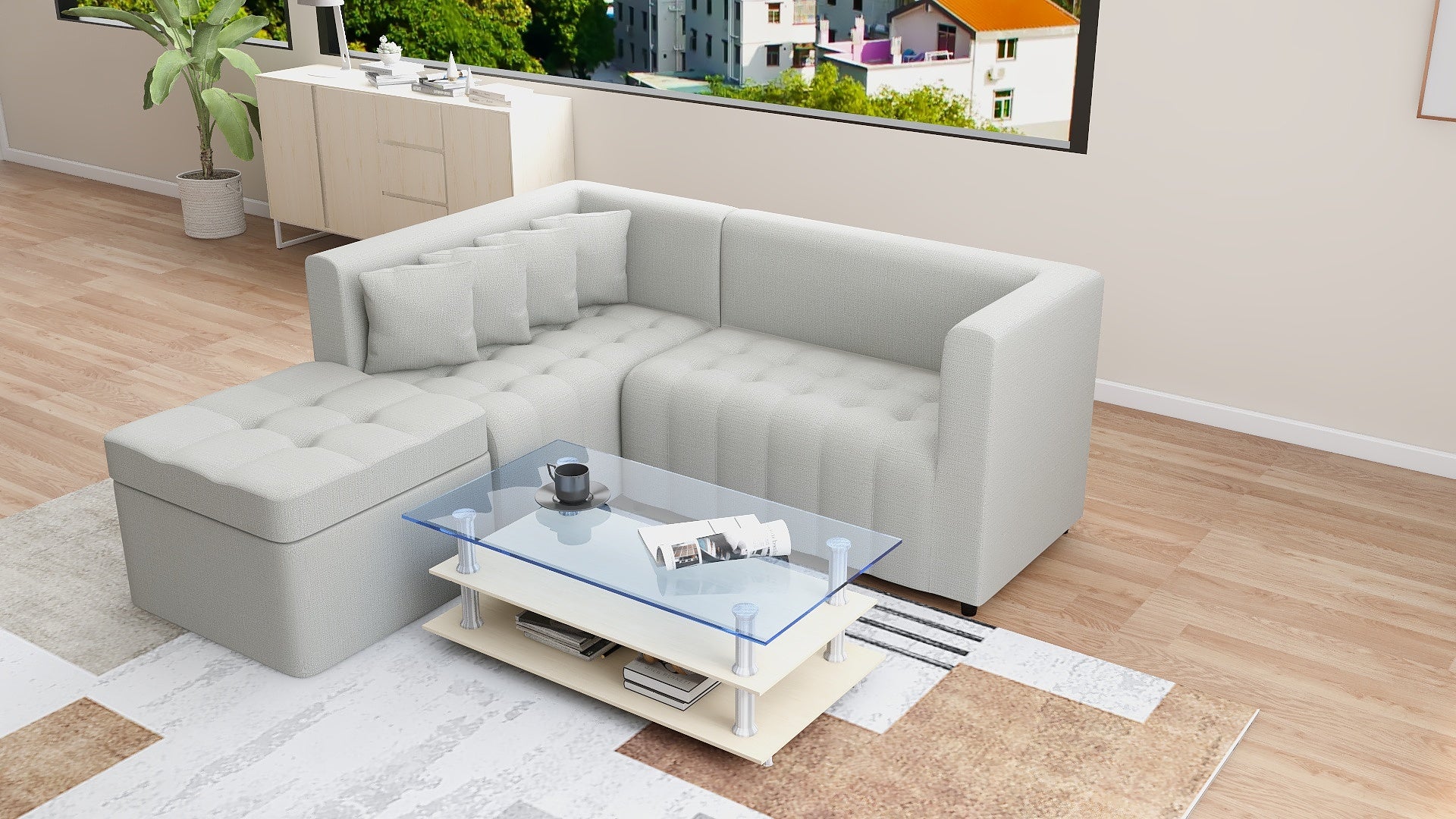 RONNA L-Shape Fabric Sofa w/ Storage Ottoman AF Home