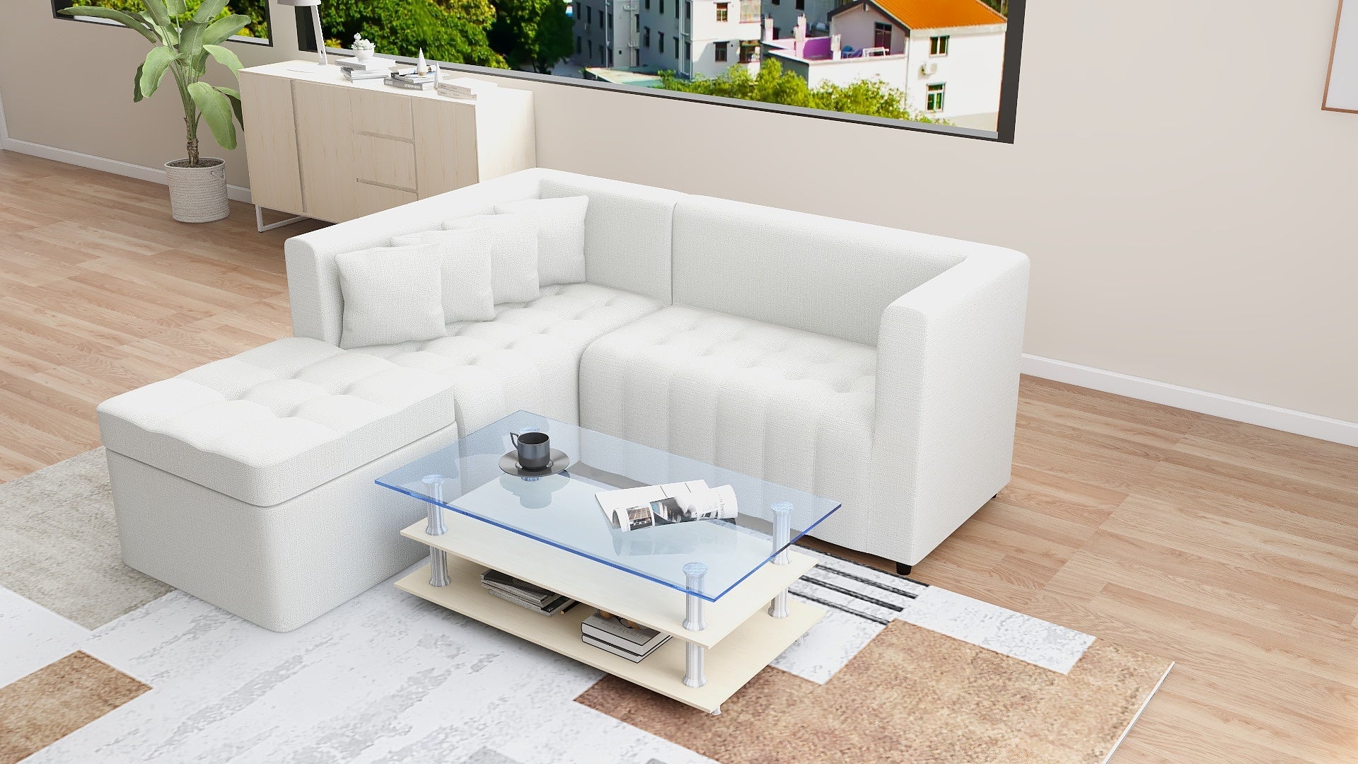 RONNA L-Shape Fabric Sofa w/ Storage Ottoman AF Home