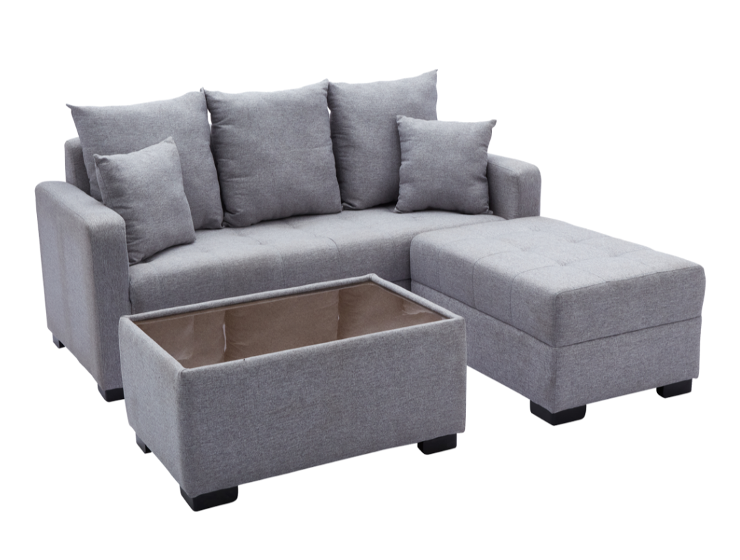 SYLVESTRE Fabric Sofa Set with Ottoman and Center Table with Glass Top Furnigo