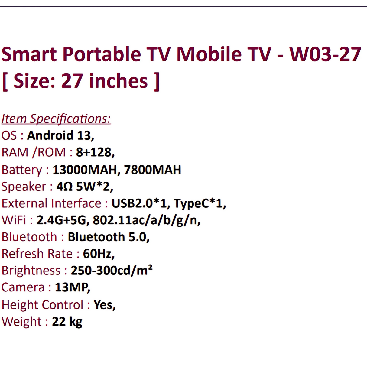 27"TechMe-Smart Portable TV Tablet-W03-27 TechMe