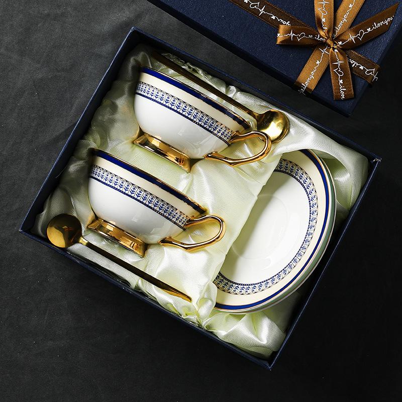 CUPURA Eno - CCS35 Luxury Bone China Tea Cup Set with Saucer Spoon and Strainer Floral Design Light Luxury European Style Gift Box Set Bohemian Powder Blue Classical Blue Rose Angel