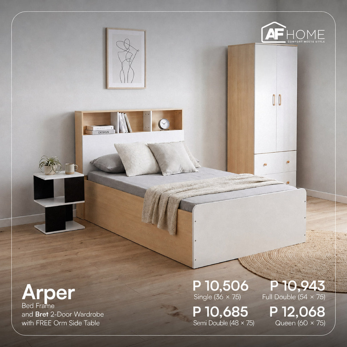 Payday Sale - Arper Bed + Bret 2-Door Wardrobe Free Orm Side Table (Random Color) AF Home
