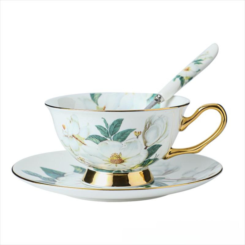 CUPURA Ivo - CCS39 Luxury Bone China Tea Cup Set with Saucer Spoon and Strainer Floral Design Light Luxury European Style Gift Box Set Bohemian Powder Blue Classical Blue Rose Angel