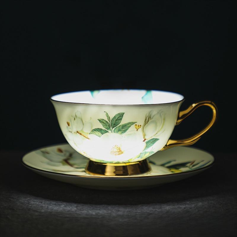 CUPURA Ivo - CCS39 Luxury Bone China Tea Cup Set with Saucer Spoon and Strainer Floral Design Light Luxury European Style Gift Box Set Bohemian Powder Blue Classical Blue Rose Angel