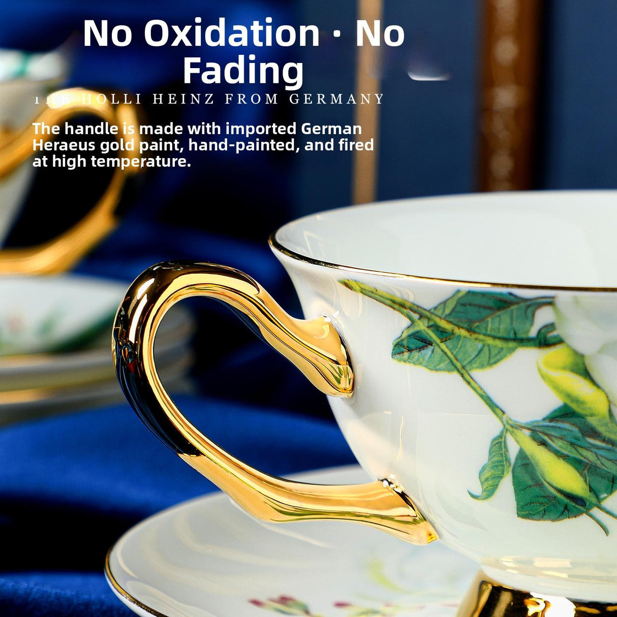 CUPURA Ollo - CCS28 Luxury Bone China Tea Cup Set with Saucer Spoon and Strainer Floral Design Light Luxury European Style Gift Box Set Bohemian Powder Blue Classical Blue Rose Angel