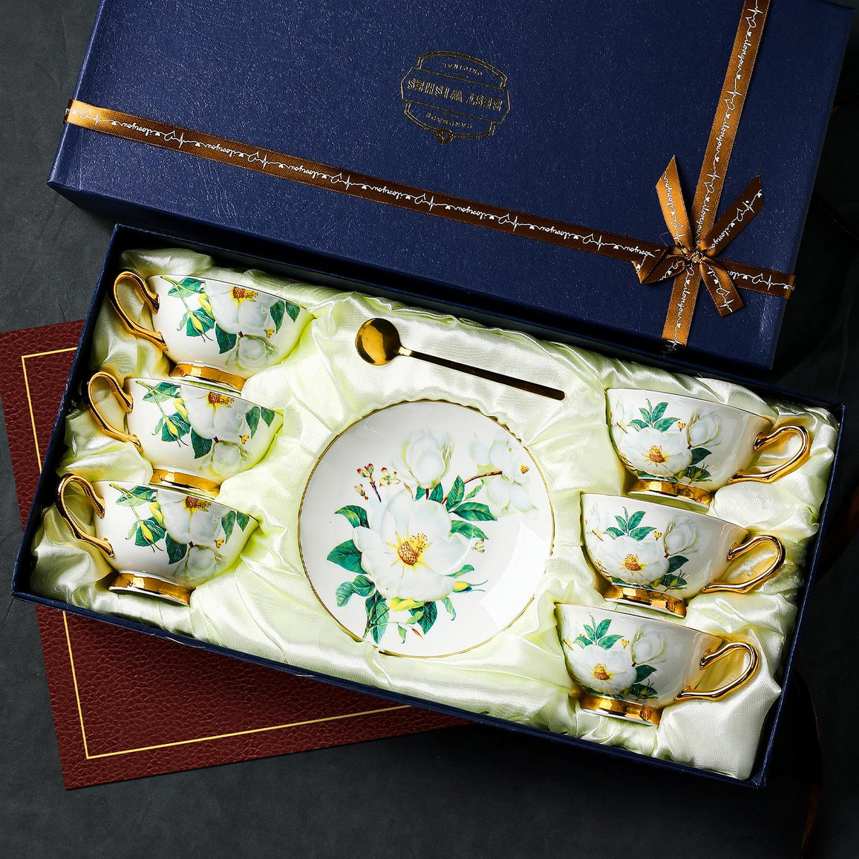 CUPURA Ollo - CCS28 Luxury Bone China Tea Cup Set with Saucer Spoon and Strainer Floral Design Light Luxury European Style Gift Box Set Bohemian Powder Blue Classical Blue Rose Angel