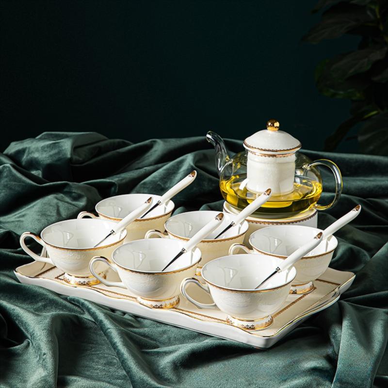 CUPURA Riva - CCS24 Luxury Bone China Tea Cup Set with Saucer Spoon and Strainer Floral Design Light Luxury European Style Gift Box Set Bohemian Powder Blue Classical Blue Rose Angel