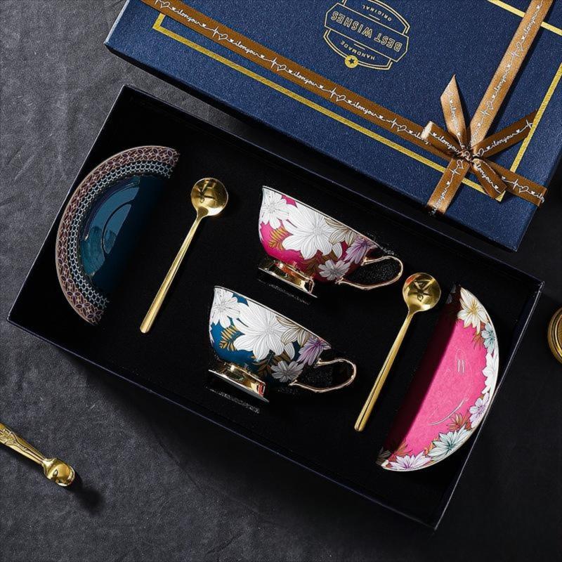 CUPURA Kova - CCS23 Luxury Bone China Tea Cup Set with Saucer Spoon and Strainer Floral Design Light Luxury European Style Gift Box Set Bohemian Powder Blue Classical Blue Rose Angel