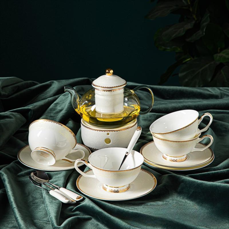 CUPURA Riva - CCS24 Luxury Bone China Tea Cup Set with Saucer Spoon and Strainer Floral Design Light Luxury European Style Gift Box Set Bohemian Powder Blue Classical Blue Rose Angel