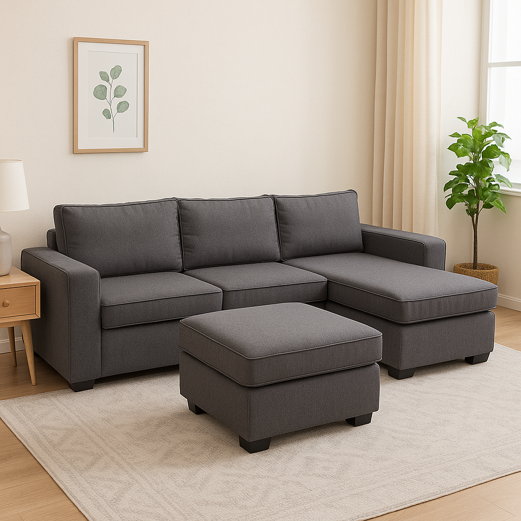 JENALD Fabric Sofa with Ottoman (Reversible L-Chaise) Furnigo