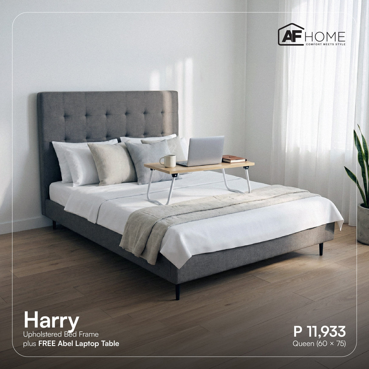 Flash Sale - Harry Upholstered Bed Frame + FREE Abel Laptop Table AF Home