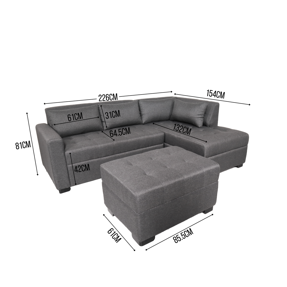 SOLANA L- Shape Fabric Sofa with Ottoman Furnigo