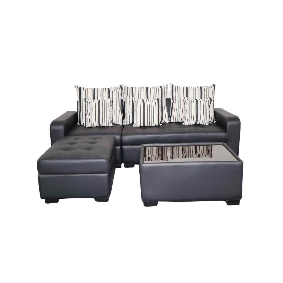 SALVE L-Shape Sofa w/ Free 6 Throw Pillows Upholstered Glass-top Center Table and Ottoman Furnigo