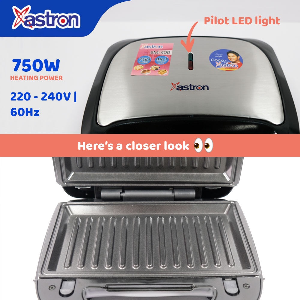 ASTRON SM-400 4-in-1 Sandwich Maker | 750W | 4 interchangeable metal blade Astron