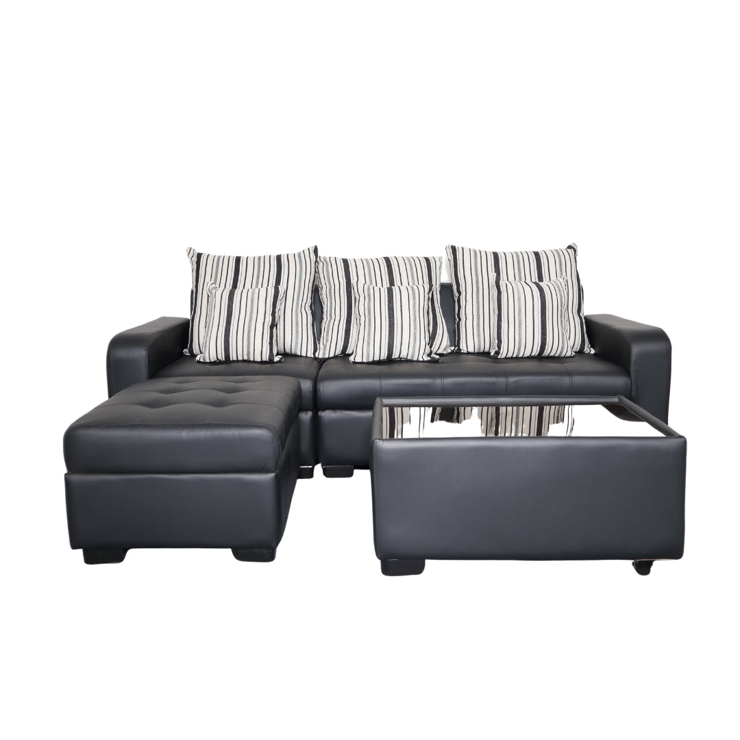 SALVE L-Shape Sofa w/ Free 6 Throw Pillows Upholstered Glass-top Center Table and Ottoman Furnigo