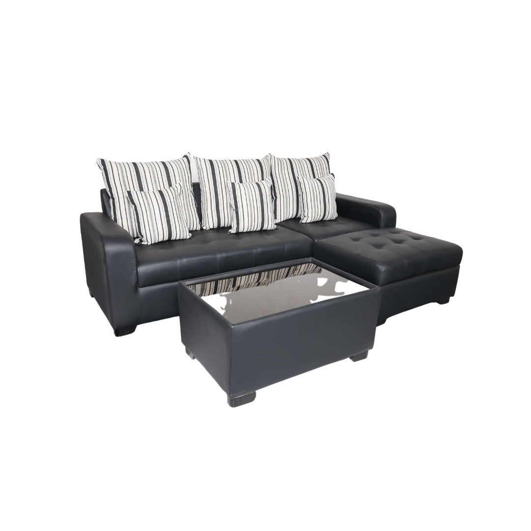 SALVE L-Shape Sofa w/ Free 6 Throw Pillows Upholstered Glass-top Center Table and Ottoman Furnigo