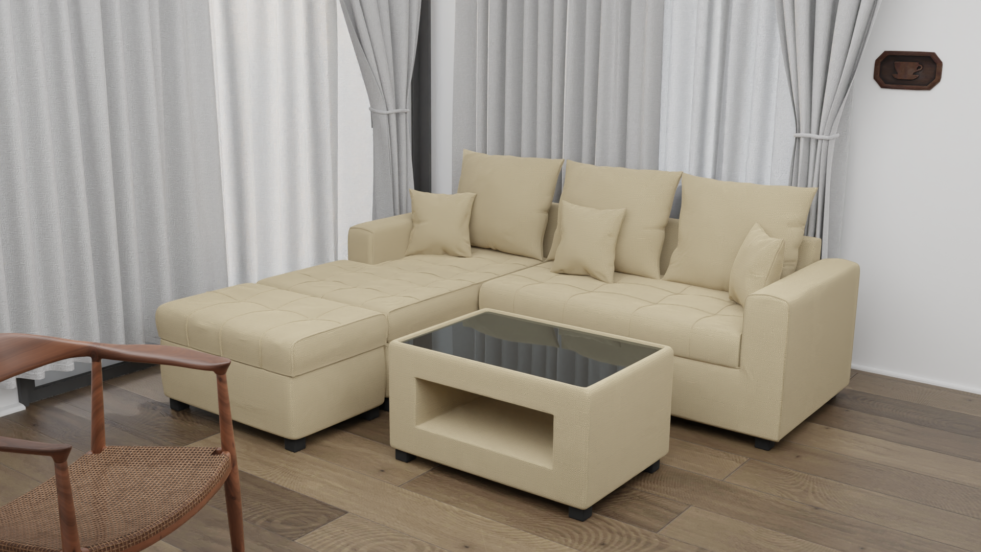 ANGELO Fabric Sofa Set with Ottoman and Glass Top Table AF Home