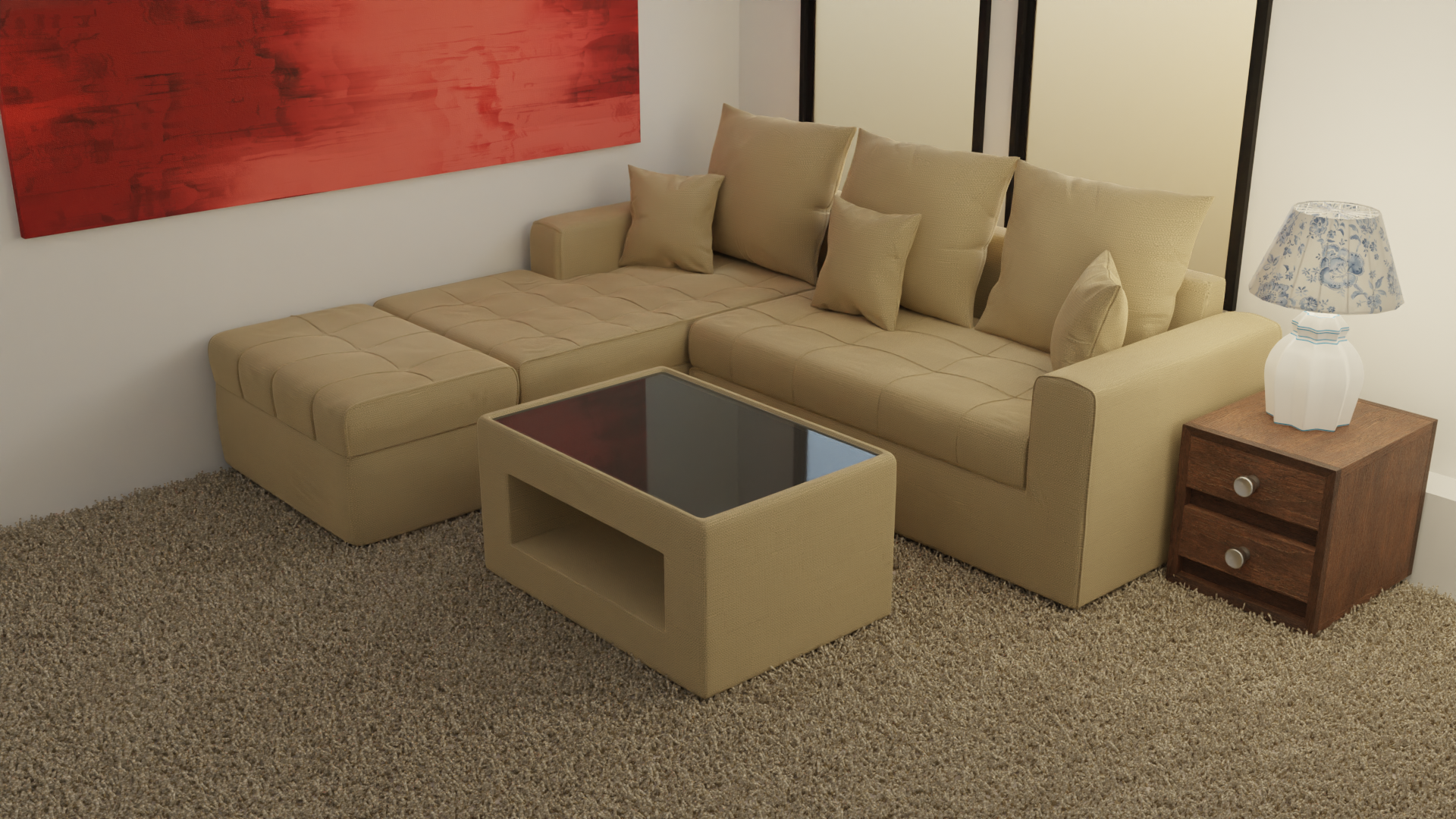 ANGELO Fabric Sofa Set with Ottoman and Glass Top Table AF Home