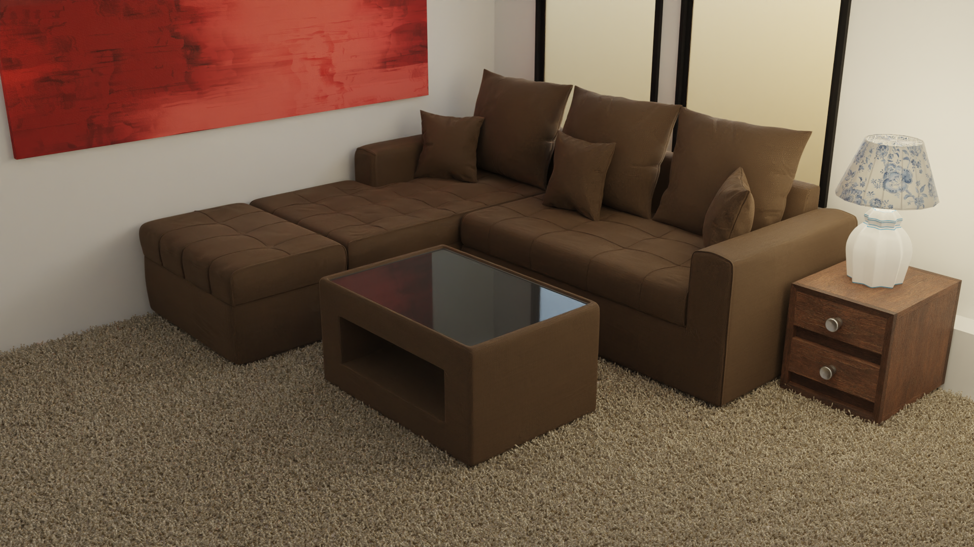 ANGELO Fabric Sofa Set with Ottoman and Glass Top Table AF Home