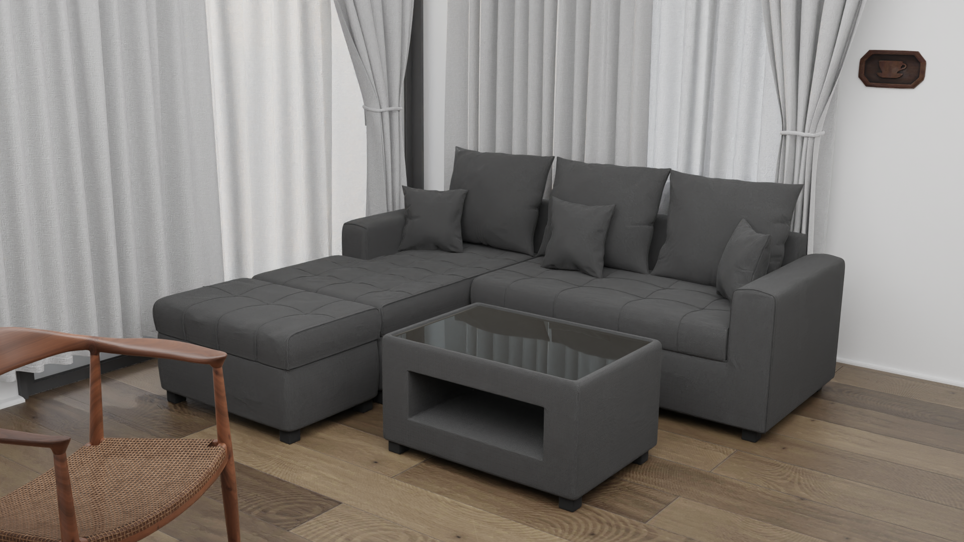 ANGELO Fabric Sofa Set with Ottoman and Glass Top Table AF Home