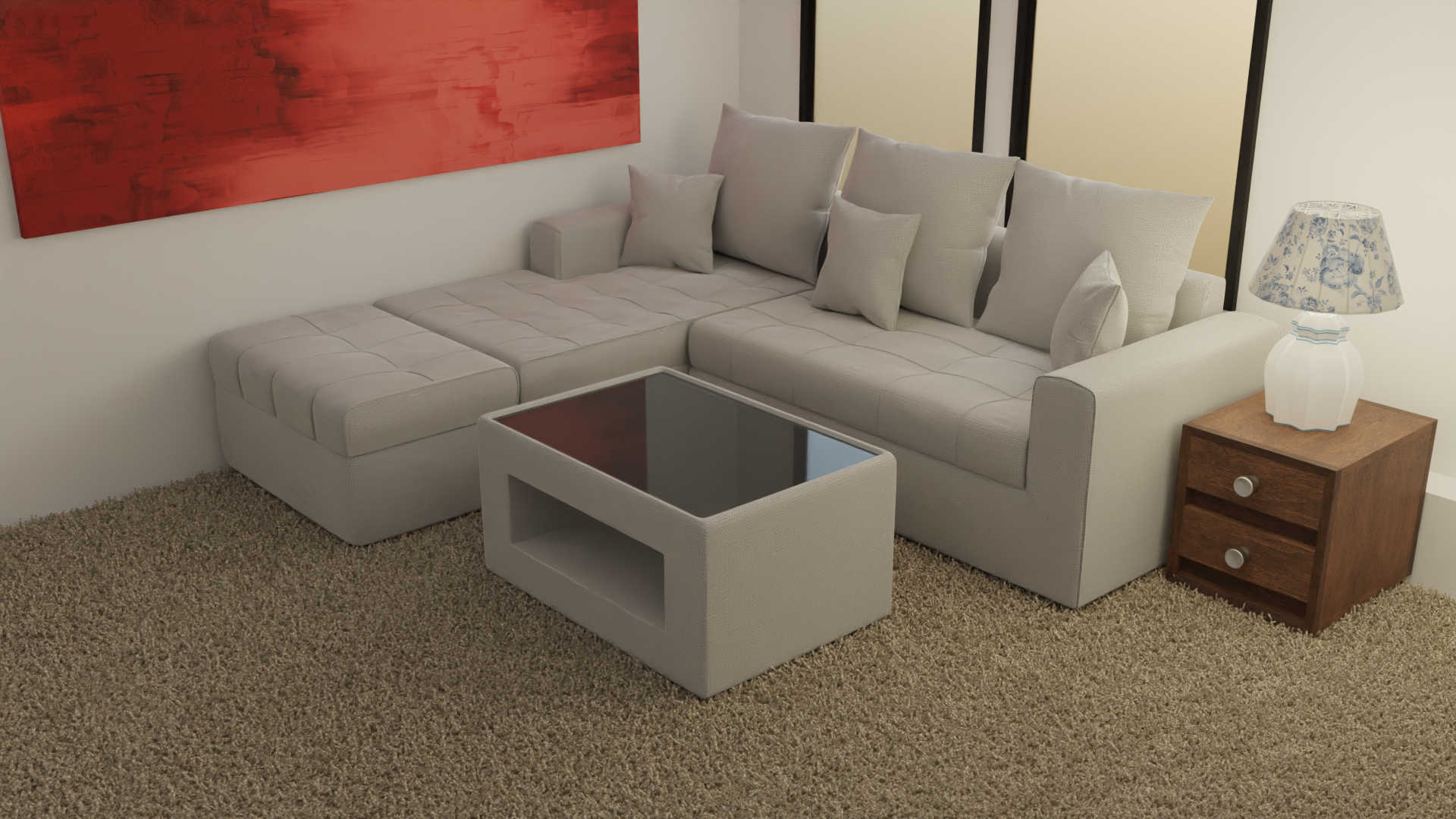 ANGELO Fabric Sofa Set with Ottoman and Glass Top Table AF Home