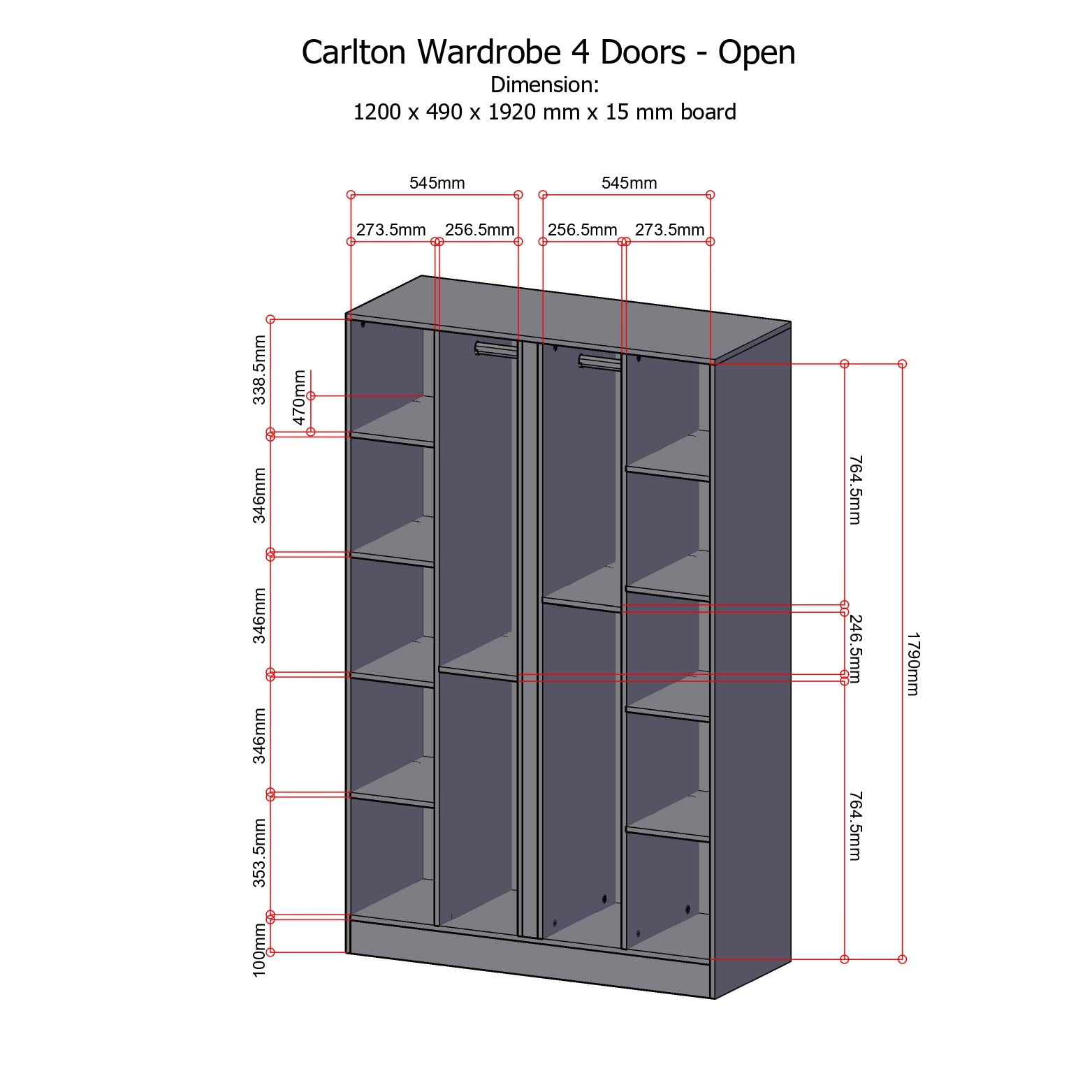 CARLTON Wardrobe 4 Door with 2 mirrors AF Home