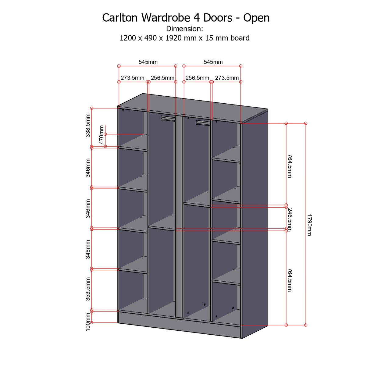 CARLTON Wardrobe 4 Door with 2 mirrors Furnigo