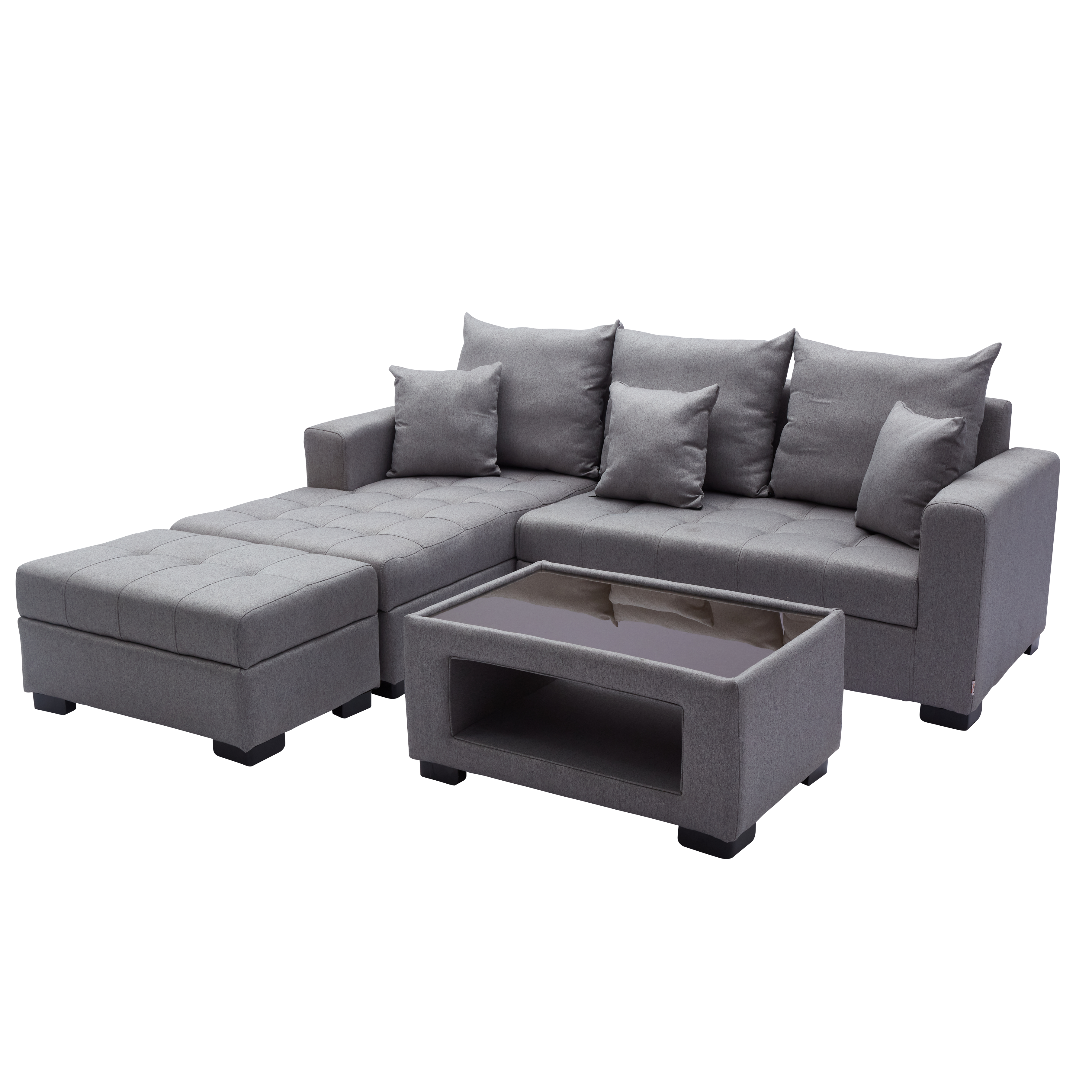 ANGELO Fabric Sofa Set with Storage Ottoman and Glass Top Table AF Home