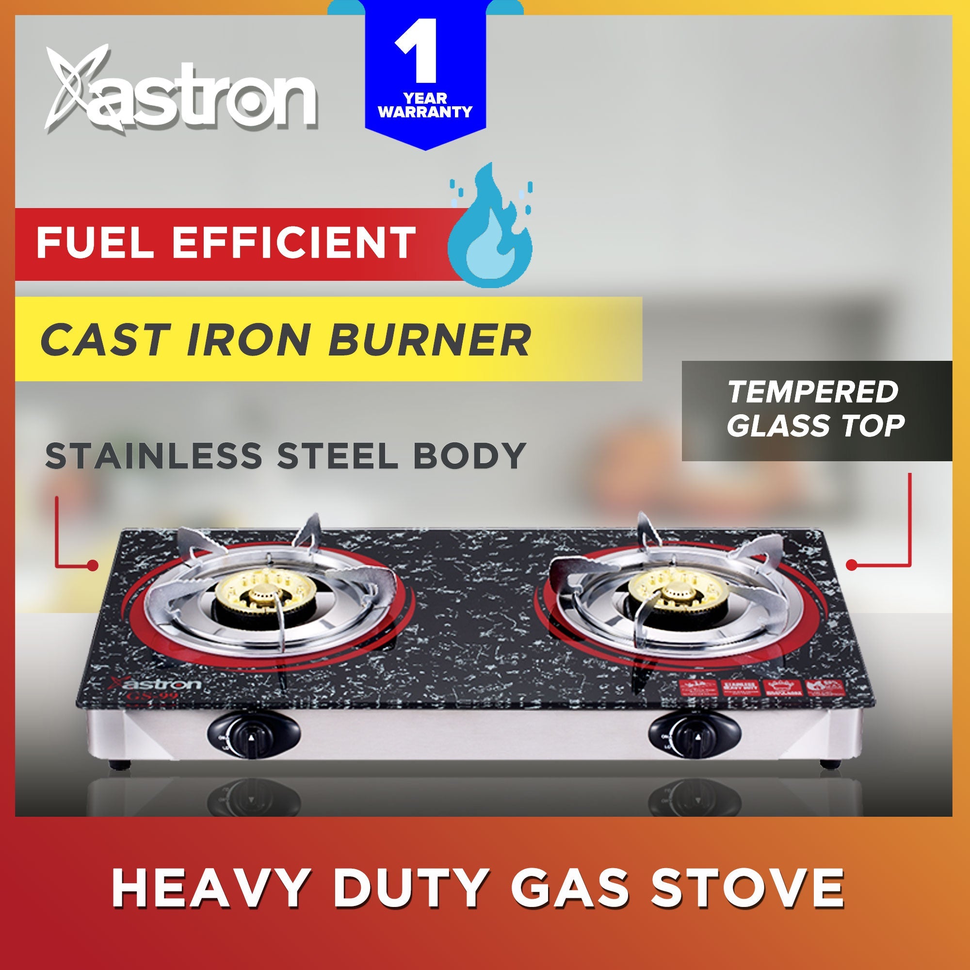 ASTRON GS-99 Heavy Duty Double Burner Gas Stove with Tempered Glass Top Cast Iron Astron
