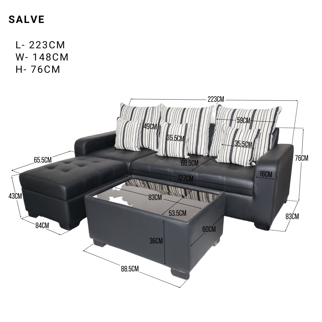 SALVE L-Shape Sofa w/ Free 6 Throw Pillows Upholstered Glass-top Center Table and Ottoman Furnigo