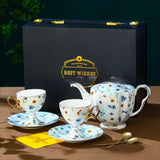 CUPURA Moka - CCS19 Luxury Bone China Tea Cup Set with Saucer Spoon and Strainer Floral Design Light Luxury European Style Gift Box Set Bohemian Powder Blue Classical Blue Rose Angel