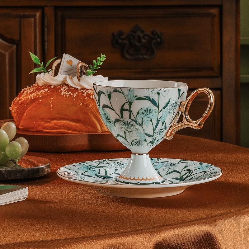 CUPURA Dune - CCS34 Luxury Bone China Tea Cup Set with Saucer Spoon and Strainer Floral Design Light Luxury European Style Gift Box Set Bohemian Powder Blue Classical Blue Rose Angel