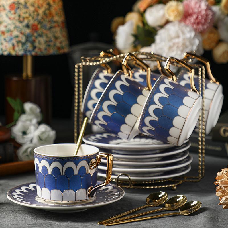 CUPURA Garo - CCS37 Luxury Bone China Tea Cup Set with Saucer Spoon and Strainer Floral Design Light Luxury European Style Gift Box Set Bohemian Powder Blue Classical Blue Rose Angel