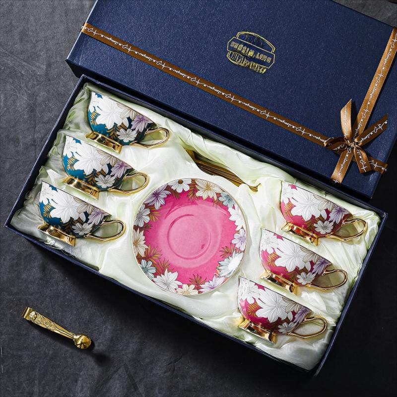 CUPURA Kova - CCS23 Luxury Bone China Tea Cup Set with Saucer Spoon and Strainer Floral Design Light Luxury European Style Gift Box Set Bohemian Powder Blue Classical Blue Rose Angel